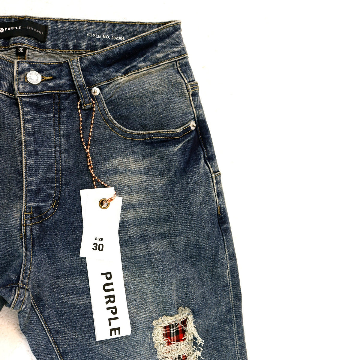 Purple Brand Plaid Patch Ripped Skinny Denim Jeans Unisex