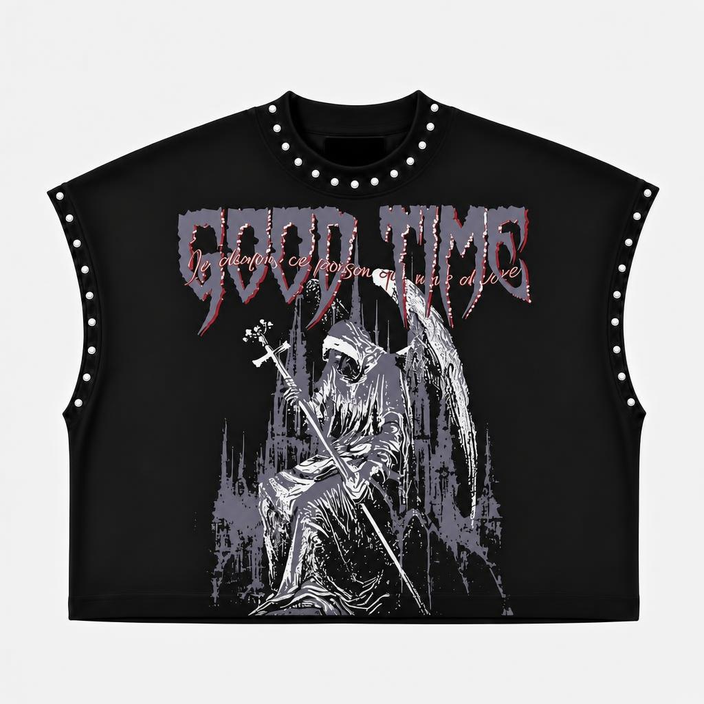 Rivet Decor Graphic Print Crew Neck Sleeveless Crop Tank Top Women