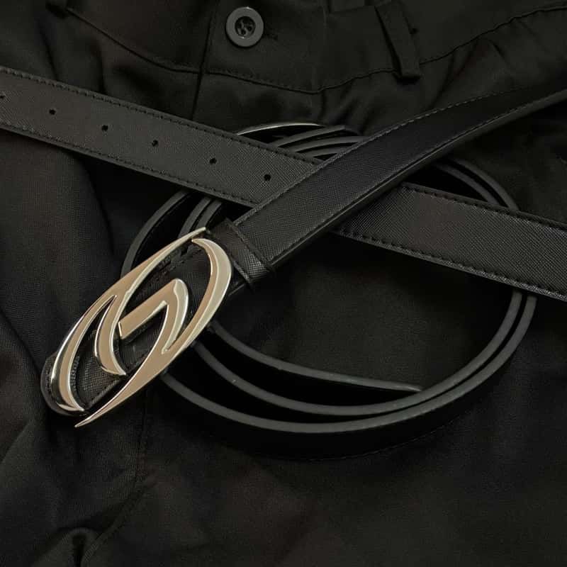 Futuristic Logo Leather Belt Polished Metal Buckle Fashion Waist Belt