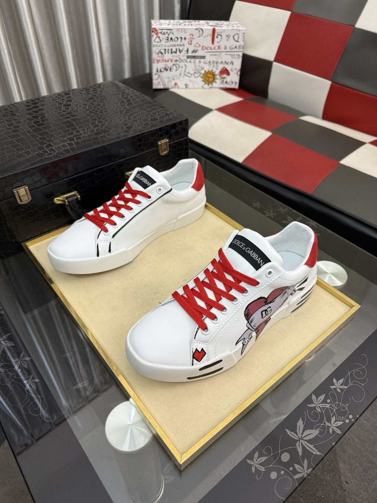 Dolce & Gabbana Red Lace Graphic Sneakers