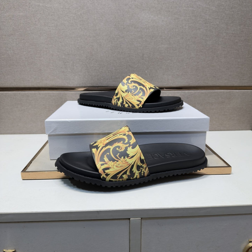 Versace Gold Patterned Strap Slide Sandals