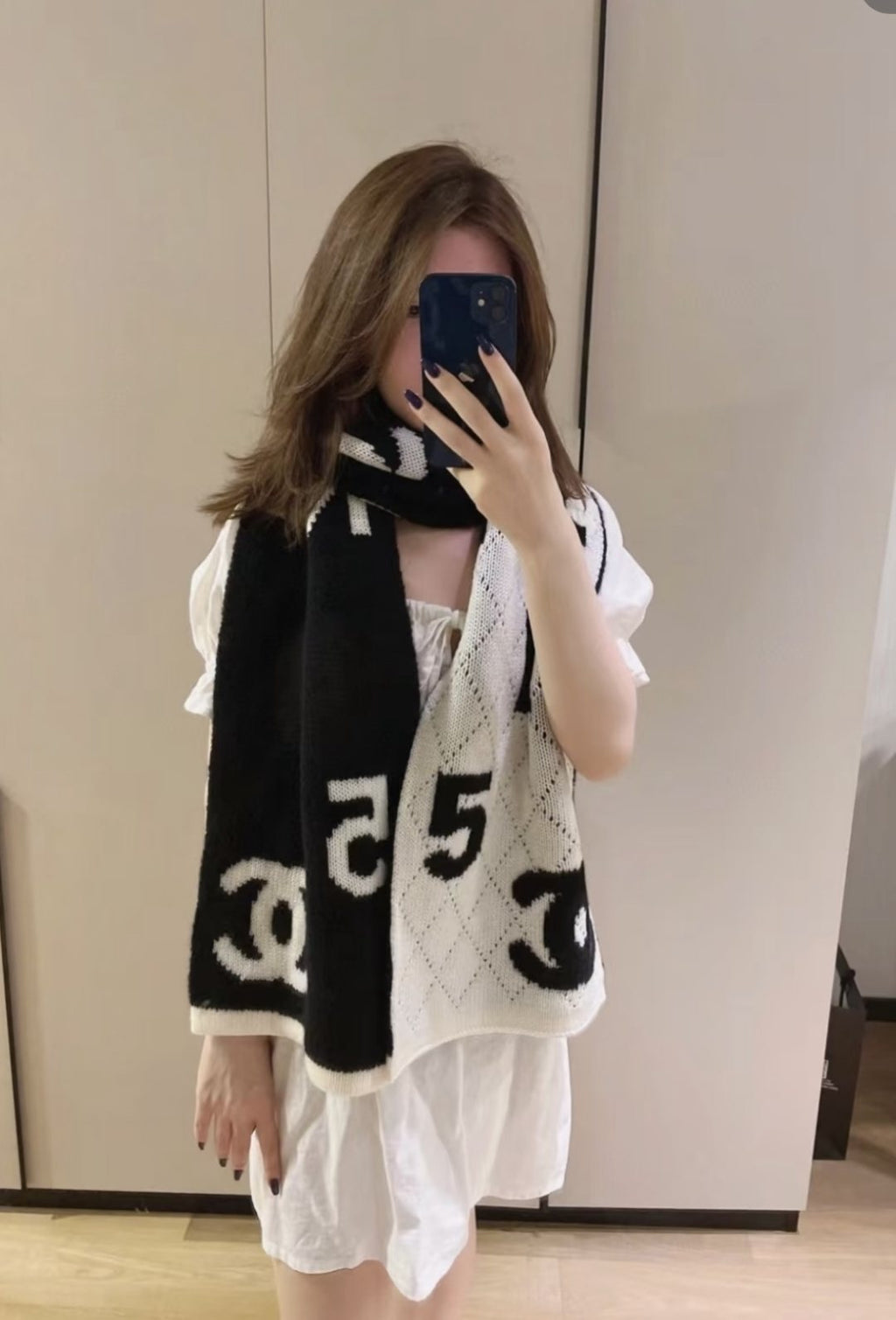 Chanel Beige and Cream Motif Knitted Scarf